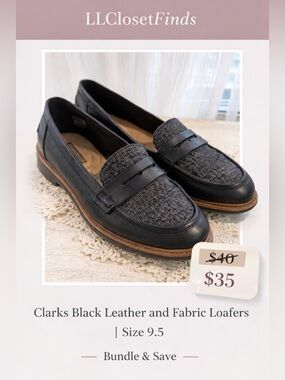 Clarks Collection Black Leather & Tweed Loafers | Cushioned Comfort | size 9.5